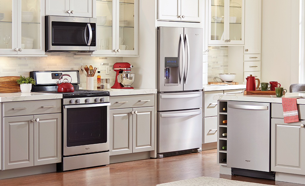 An over-the-range microwave in a kitchen.